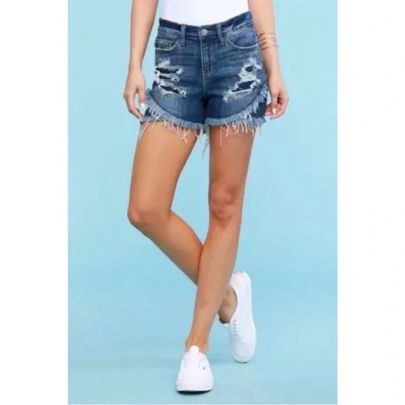 Judy Blue Tulip Distressed Jean Shorts Layered Leg Size Medium - Picture 9 of 11